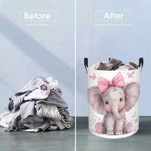1 cái giỏ đựng đồ giặt tròn họa tiết hoa voi dễ thương nơ hồng, dung tích lớn, có tay cầm, gấp gọn được, dùng cho phòng ngủ, ký túc xá, sắp xếp nhà cửa - Hồng - Xem 3