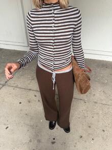 MORI Fall Winter Women Sweaters Casual Y2K Basic Brown Striped Cardigan Round Neck Cropped Button Up Knit Tops Daily Lounge Outfits - Brown and Grey - View 4
