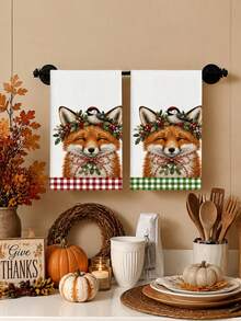 2pcs/4pcs Christmas Kitchen Towels, Fox Bird Holly Berry Print, Red & Green Plaid Border Holiday Home Decor Hand Towels - Multicolor - View 2
