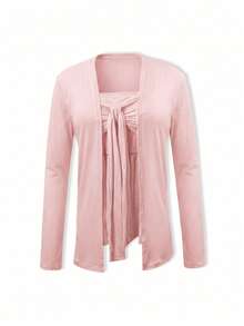 2pcs/Set Minimalist Pink Long Sleeve Cardigan Jacket And Camisole Top, Spring Outfit Elegant Summer - Pink - View 7