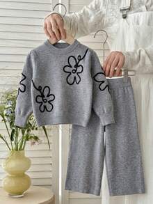 2pcs/Set 1pc Girls Cute Embroidered Flower Knit Sweater Pullover And 1pc Solid Color Knit Pants Set, Suitable For Daily Casual Wear In Spring, Autumn And Winter - Grey - View 2