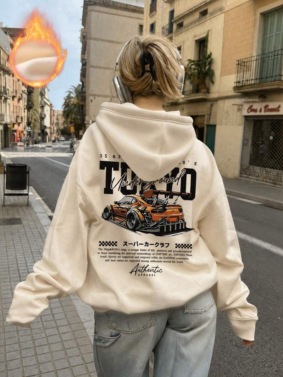 女款休閒套頭運動衫,橘色跑車與字母印花,百搭時尚,適合日常穿著,秋冬季 - 杏色 - 查看 1