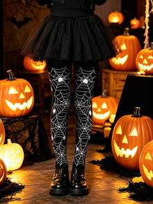 Halloween Kids Spider Web Print Cartoon Pattern Tights, Witch Cosplay Costume Accessory - Black - View 9