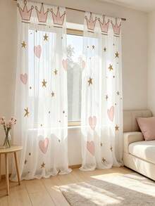 2PCS Crown Love Princess Sheer Curtains, Rod Pocket, Suitable For All Seasons, Suitable For Various Festival Atmosphere, Good Transparency, Suitable For Decorating Curtains In Bedroom, Study, Living Room And Various Scenes - Multicolor - View 1