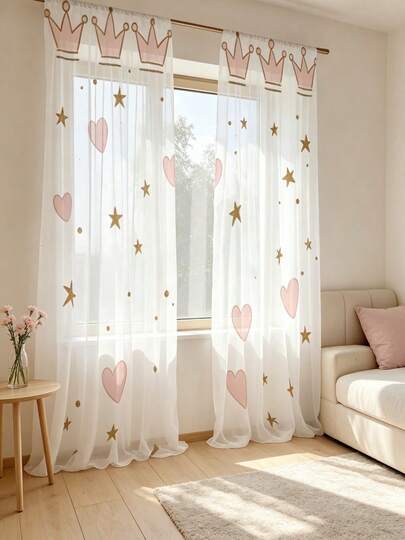 2PCS Crown Love Princess Sheer Curtains, Rod Pocket, Suitable For All Seasons, Suitable For Various Festival Atmosphere, Good Transparency, Suitable For Decorating Curtains In Bedroom, Study, Living Room And Various Scenes