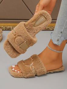 Women's Plus Size 35-43 Fashion Casual Apricot Square Toe Faux Fur Slippers, Daily Outdoor Metal D-Ring Decor Open Toe Plush Slip-On, Lightweight Comfortable Flat Non-Slip Warm Indoor Outdoor Versatile - Apricot Plush - Large D Letter Metal Buckle - View 5