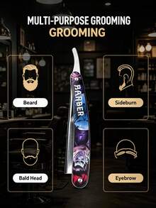 1pc/Men's Manual Folding Straight Razor, Colorful Printed Barber Razor, Professional Hair Salon Razor For Beard Trimming, Bald Head Shaving, Sideburns And Eyebrow Styling, Blade Not Included - Safety Razor - View 4