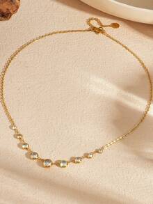 1 buah Kalung Minimalis Bertingkat dengan Kristal Bertatahkan Emas, Kalung Choker Melengkung Zirkonia Bulat, Kalung Halus untuk Pesta Sehari-hari - Emas - View 5