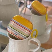 Colorful Polka Dot & Striped Earphone Case With Hanging Ring, Compatible With AirPods Pro 3, Pro 2, 4, 3, 1/2, Cute Minimalist Protective Cover For Women - Yellow - View 5