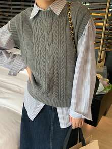[Y6Y]1pc Women's Sweater Vest, Autumn/Winter Korean Style Thick Retro Cable Knit Top, Suitable For Layering With Shirts And T-Shirts - Grey - View 6