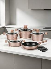 11 Pcs Champagne Aluminum Cookware Set, Glass Lids With Heat‑Resistant Handles, Comes With 2 Accessories, Compatible With Gas And Induction Cooker, Suitable For Making Soup, Stewing And Frying All Kinds Of Ingredients In Household Kitchen - View 2