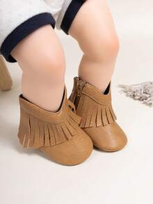 Infant Western Style Fringe Denim Ankle Boots, Side Zipper Easy On/Off Comfortable Soft Infant Boots - Khaki - View 5