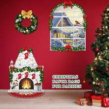 Christmas 5pcs Winter Scene Backdrop Set, Snowy Window, Fireplace, Christmas Tree And Wreath Printed Fabric Decor, Holiday Home Wall Hanging Decoration Set - Multicolor-a - View 4