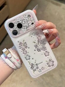 Luxury Vine Hibiscus Polka Dot Plaid Laser Asymmetrical Rhinestone Sequin Pattern Camera Protection Phone Case, Compatible With IPhone 18 Pro Max 18 Pro 17 Pro Max 17 Pro 16 Pro Max 15 Pro Max 14 Pro Max 13, Pink Soft Edge Raised Airbag Glitter Protective Shell - Flowers - View 3