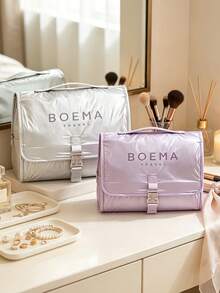 1PC Modern Minimalist Ins‑Style Nylon Rectangular Hanging Cosmetic Bag, Letter Print Buckle Closure, Hand‑Carry Hanging Multi‑Compartment Large‑Capacity Makeup Toiletry Organizer For Daily Home Use, Holidays, All‑Season Outings Perfect Gift Choice - Multicolor - View 2