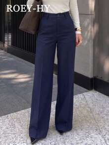 1pc Women's Solid Color High Waist Pocket Blazer Pants, Draped & Crisp Single Button Slim Fit Flattering Commuter Casual Long Pants, Suitable For Business Commute, Daily Shopping, All Season Wear - Navy Blue - View 2