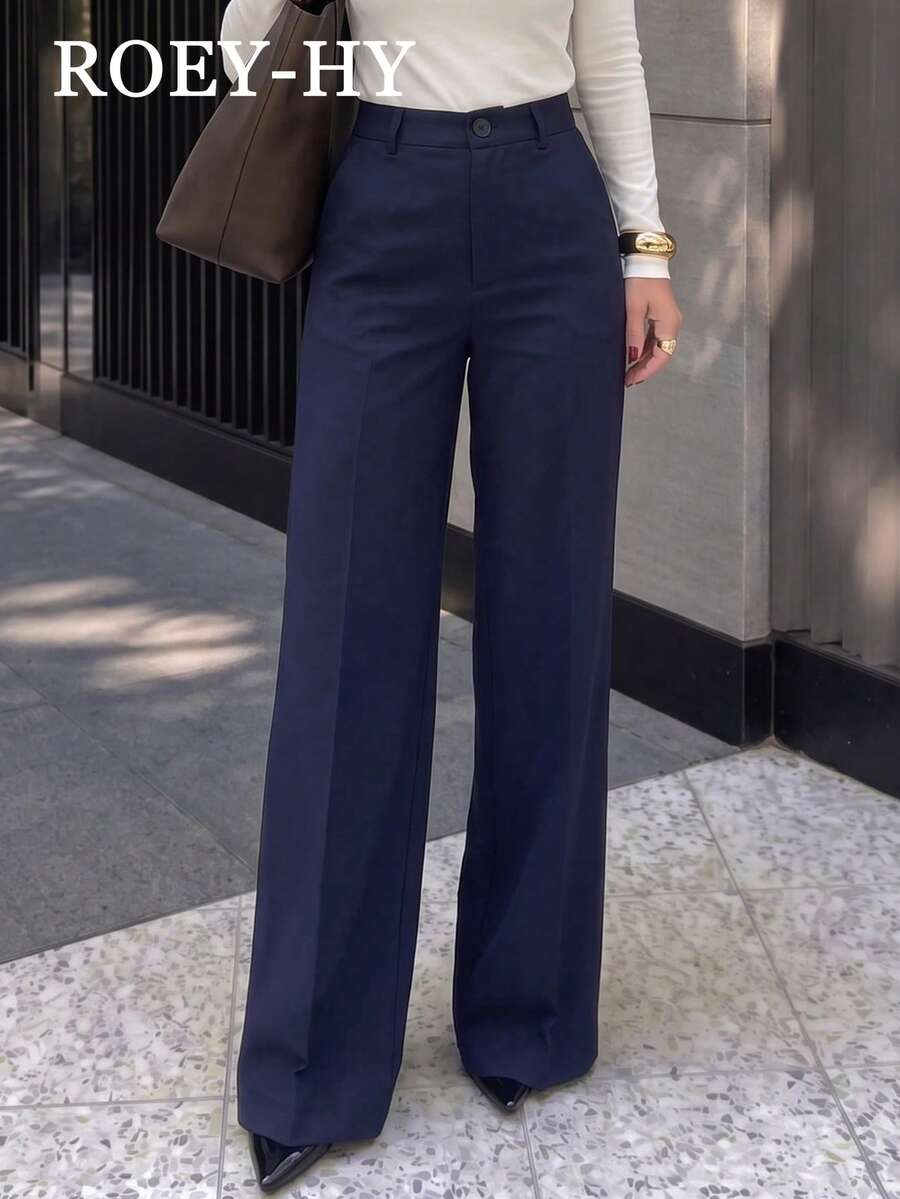 1pc Women's Solid Color High Waist Pocket Blazer Pants, Draped & Crisp Single Button Slim Fit Flattering Commuter Casual Long Pants, Suitable For Business Commute, Daily Shopping, All Season Wear