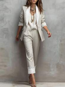 Urban Elegant Lace Patchwork Striped Long Sleeve Blazer With Pockets And Lining, And Casual Long Pants With Elastic Waistband, Suitable For Daily Commute, Office, Party, Holiday, Campus And Other Occasions - Apricot - View 7