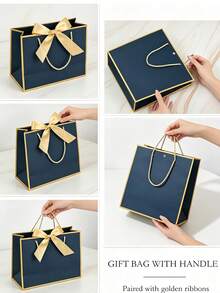 Gift Set For Her/Him 1pc/2pcs, Includes Gold Ribbon, Tissue Paper And Blue Gift Bag, Blue Gift Bag With Gold Trim And Handle, Paper Gift Bag, Shopping Bag, Gift Bag With Bow Ribbon, Suitable For Wedding, Birthday, Valentine's Day, Christmas - Multiple Styles - View 4