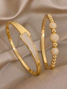 2Pcs Women Gold Stackable Bangle Set, Stainless‑Steel, Clover Hollow & Bead Rhinestone, Hypoallergenic Jewelry For Daily & Party Gift. - Gold - View 4