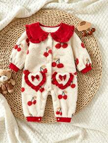 Baby Cute Cherry Pattern Pocket Romper Long Sleeve Autumn/Winter Outfit For Girls - Red - View 9