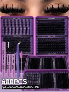 708/700/684/600/180pcs Eyelash Extension Kit, DIY Segmented Lashes, Large Capacity Soft False Eyelash Bundle Set, Suitable For Beginners, DIY Home Use, Fluffy And Thick, Easy To Use, Portable And Reusable, Spiky+D-Curl False Eyelashes - Multicolor - View 4