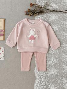 2Pcs/Set Baby Girl Cute Rabbit Applique Embroidery Round Neck Long Sleeve Top & Fine Plaid Long Pants Casual Outfit - Pink - View 5