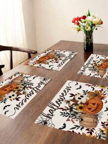 2/4/6Pcs Placemats, Fall Halloween Pumpkin Ghost Sunflower Spider Web Thanksgiving Dining Table Place Mats Party Home Decor - White - View 3