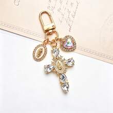 1Pc Fashion Gold‑Plated Multicolor Rhinestone Cross Bag Charm, Clear Crystal Virgin Mary Medal Heart Dangle Key Ring, Vintage Religious Catholic Pendant, Lobster Clasp Handbag Hanging Decoration, Meaningful Prayer Gift For Women Girls - Multicolor - View 6
