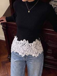 Black Fitted Knit Sweater With Elegant Lantern Sleeves And Embroidered Lace Hem Splice, Suitable For Dating, Commuting, Holidays And Parties - Black - View 9