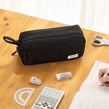 Large Capacity Zipper Pencil Case, Portable Multi-Compartment Pencil Bag, Durable Stationery Storage - 1pc Black - View 2