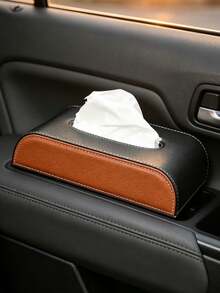 1pc Black Brown Spliced Car Tissue Box, Minimalist Style PU Leather Material Arc‑Rectangle Shape With Hanging Strap & Contrast Stitching Detail, Tissue Storage Function Car Sun‑Visor Napkin Holder, For Car Interior Road Trip Daily Driving - Multicolor - View 10