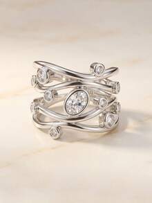 1pc Silver Multi-Layer Wavy Ring With Oval Zirconia And Geometric Lines, Fashion Jewelry, Suitable For Women's Wedding Party Wear Or Holiday Gift - Silver - View 8