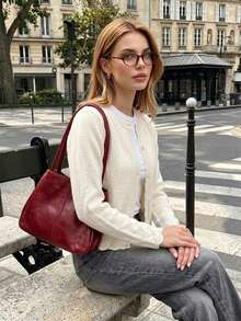 Women Hollow‑Out Cropped Knit Cardigan, Long‑Sleeve Warm Button Sweater, Casual Layering Outerwear For Autumn Winter Daily Commute Street Wear Fall - White Apricot - View 3