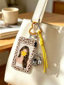 Leopard Print Card Holder Pendant With Star Pendant,Sliding Cover Retractable Card Sleeve,Personalized Fashion Card Holder,Cute Keychain Pendant - Multicolor - View 4