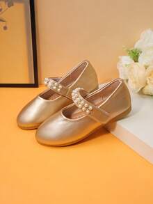 1 Pair Gold Girls' Pearl Strap Mary Jane Flat Shoes, Round Toe Formal Shoes, Children Flower Girl Princess Shoes, Suitable For Wedding Party Performance - Gold - View 6