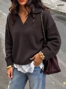 1pc Women's Solid Color V-Neck Dropped Shoulder Knit Sweater, Minimalist Loose Pullover Knit Top, Suitable For Office, Weekend Gatherings - Coffee Brown - View 1