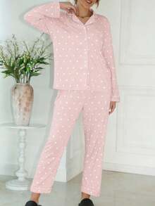 Women's Autumn/Winter Lapel Long Sleeve Long Pants Solid Color Heart Print Pajama Set - Burgundy - View 3