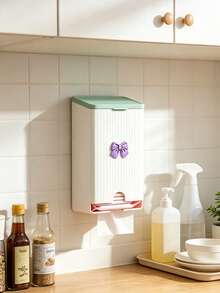 Cute Bow Wall-Mounted Tissue Box, Bathroom Sanitary Napkin Storage Box, Vertical Striped Textured Shell, No-Drill Adhesive Wall Installation. Smooth Dispensing Opening, Can Hold Face Towels, Tissues, Flip-Top Design For Easy Refill. White And Pink Contrast Color Girly Style, Suitable For Bathroom Vanity, Frees Up Countertop Space, Practical Home Storage For Face Towels And Tissues. - Multicolor - View 3