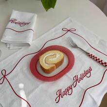 1/2/6pcs Vintage Red Line Bow Placemats, Happy Holiday White Fabric Embroidered Napkins, Dessert Table Photo Decoration Table Mat, Suitable For Holiday Party - Multicolor - View 7