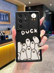 1pc Fashion Pure Android TPU Material Letter Duck Head Element Pattern Lens Protection Thick Anti-Drop Anti-Fingerprint Black Diamond Sand Phone Case Compatible With Samsung/Transsion/HONOR/ - Black - View 2