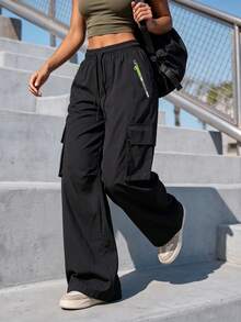 Women's Straight Drawstring Elastic Waist Zipper Pocket Sweatpants, Casual Outdoor Straight Cargo Pants, Neon Color Accents, Spring/Autumn Black - Black - View 4