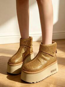 Y2K Hot Girl Style Women's Short Snow Boots With Foldable Shaft And Metal Snap Button Decor, Suitable For Winter Parties, Gatherings, Daily Streetwear, Height-Increasing Warm Ankle Boots - Ginger Yellow - View 1