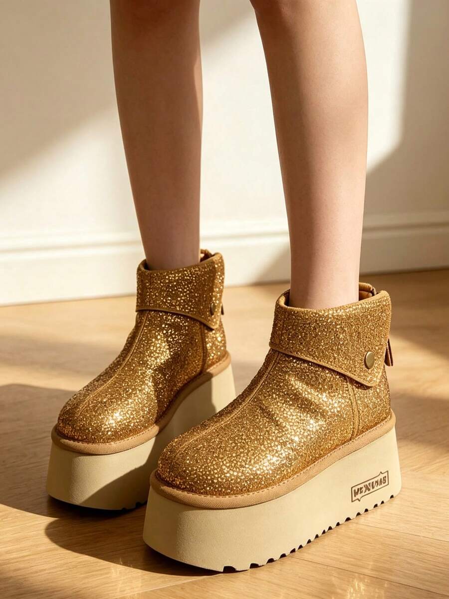 Y2K Hot Girl Style Women's Short Snow Boots With Foldable Shaft And Metal Snap Button Decor, Suitable For Winter Parties, Gatherings, Daily Streetwear, Height-Increasing Warm Ankle Boots - Ginger Yellow - View 1