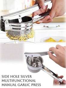 Potente prensador de patatas 100 acero inoxidable (304)! Ideal para triturar, machacar y exprimir papas, plátanos, manzanas, aguacates, fresas, tomates y más sin esfuerzo, sin residuos y en segundos! Diseñado con mango ergonómico antideslizante, estructura reforzada y filtro de alta densidad para resultados ultra- - Plateado - Ver 1