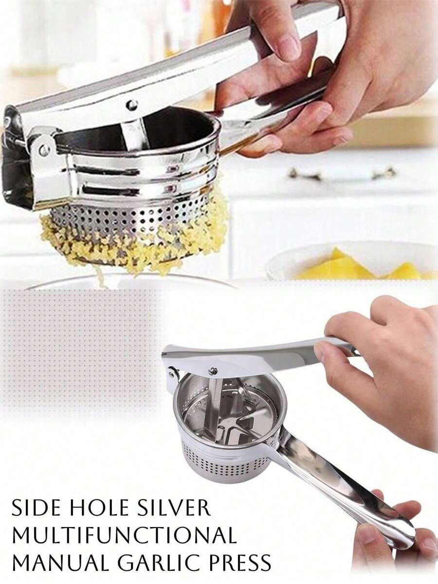 Potente prensador de patatas 100 acero inoxidable (304)! Ideal para triturar, machacar y exprimir papas, plátanos, manzanas, aguacates, fresas, tomates y más sin esfuerzo, sin residuos y en segundos! Diseñado con mango ergonómico antideslizante, estructura reforzada y filtro de alta densidad para resultados ultra- - Plateado - Ver 1