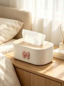 Adorable Bow-Decorated Tissue Box, Minimalist Wood Grain Napkin Dispenser, Bedroom/Living Room/Office Desktop Tissue Holder,Rectangular Vertical Striped Tissue Storage Rack, Desktop Napkin Container For Bedrooms,Offices, And Cars, Gift Selection - Multicolor - View 6