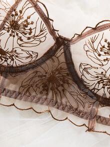 1 Set Of 2 Pieces Dark Brown Floral Embroidered Lace Lingerie Set With Bow Decoration Shoulder Strap - Coffee Brown - View 4