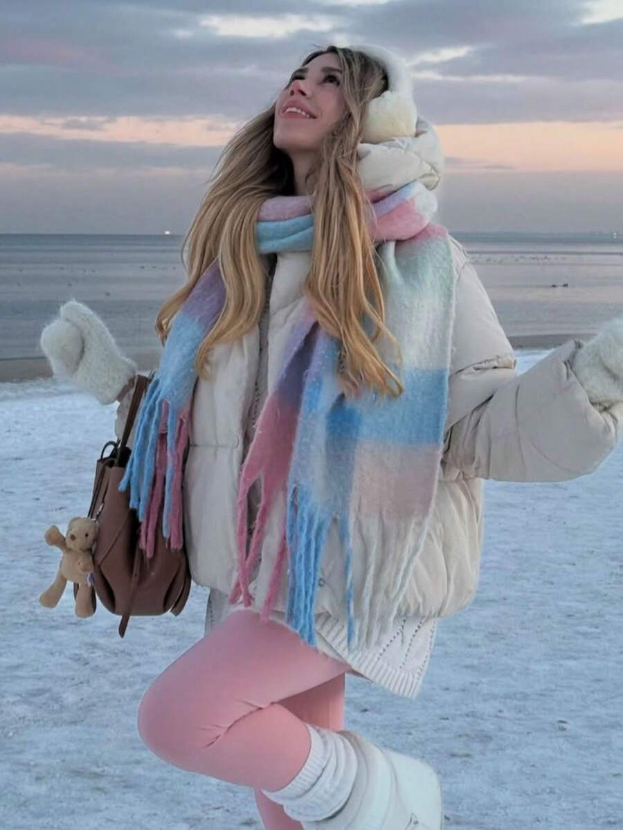 1件秋冬時尚條紋格紋毛絨保暖加厚女款圍巾，柔軟如羊絨，波希米亞休閒防風情侶披肩，舒適毯式圍巾，適合日常穿搭 - 西瓜粉 - 查看 1