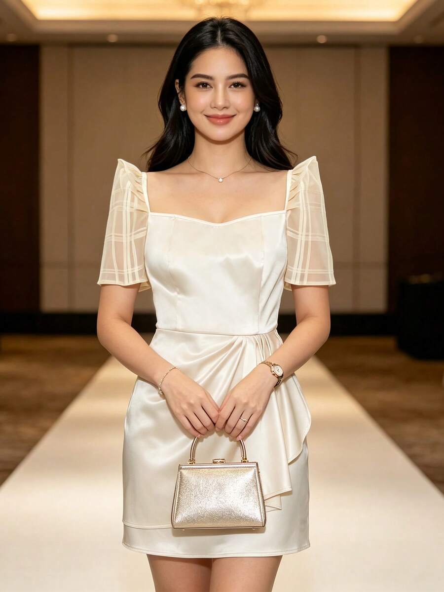 Amyenjoylife 現代優雅菲律賓風短版花瓣袖洋裝 - 杏色 - 查看 1